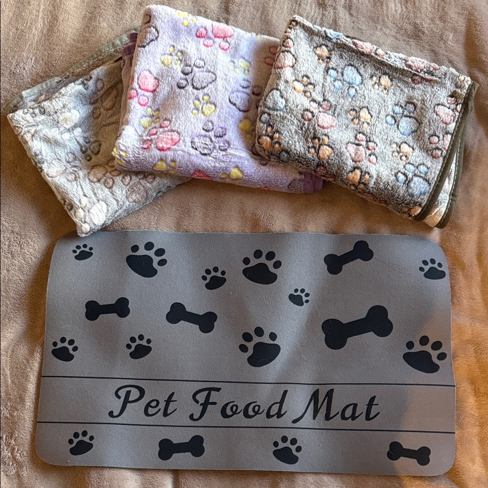 NEW Gray Pet Food Mat and three small puppy blankets with Paw Prints